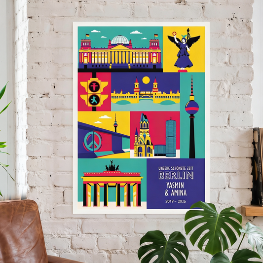 Personalisiertes Berlin Poster mit Namen und Datum als Erinnerung an die schönste Zeit mit allen Berliner Sehenswürdigkeiten