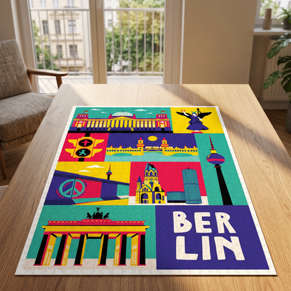 Berlin Puzzle ausgebreitet auf einem Holztisch im hellen Wohnzimmer