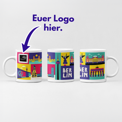 Personalisierte Berlin Tasse für Unternehmen mit eigenem Firmenlogo im Pop-Art-Stil.