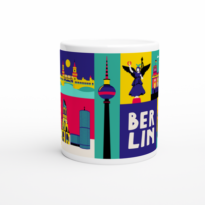 Plakatives Mid-Century Design auf Kaffeetasse mit Berliner Wahrzeichen.