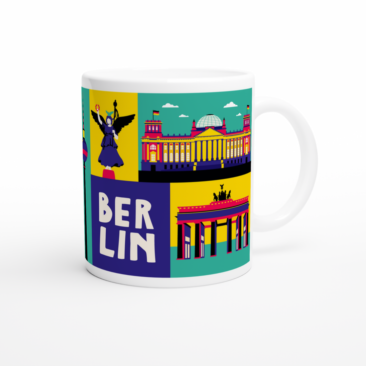 Detailansicht der Berlin Illustration auf Tasse mit Siegessäule und Reichstag.