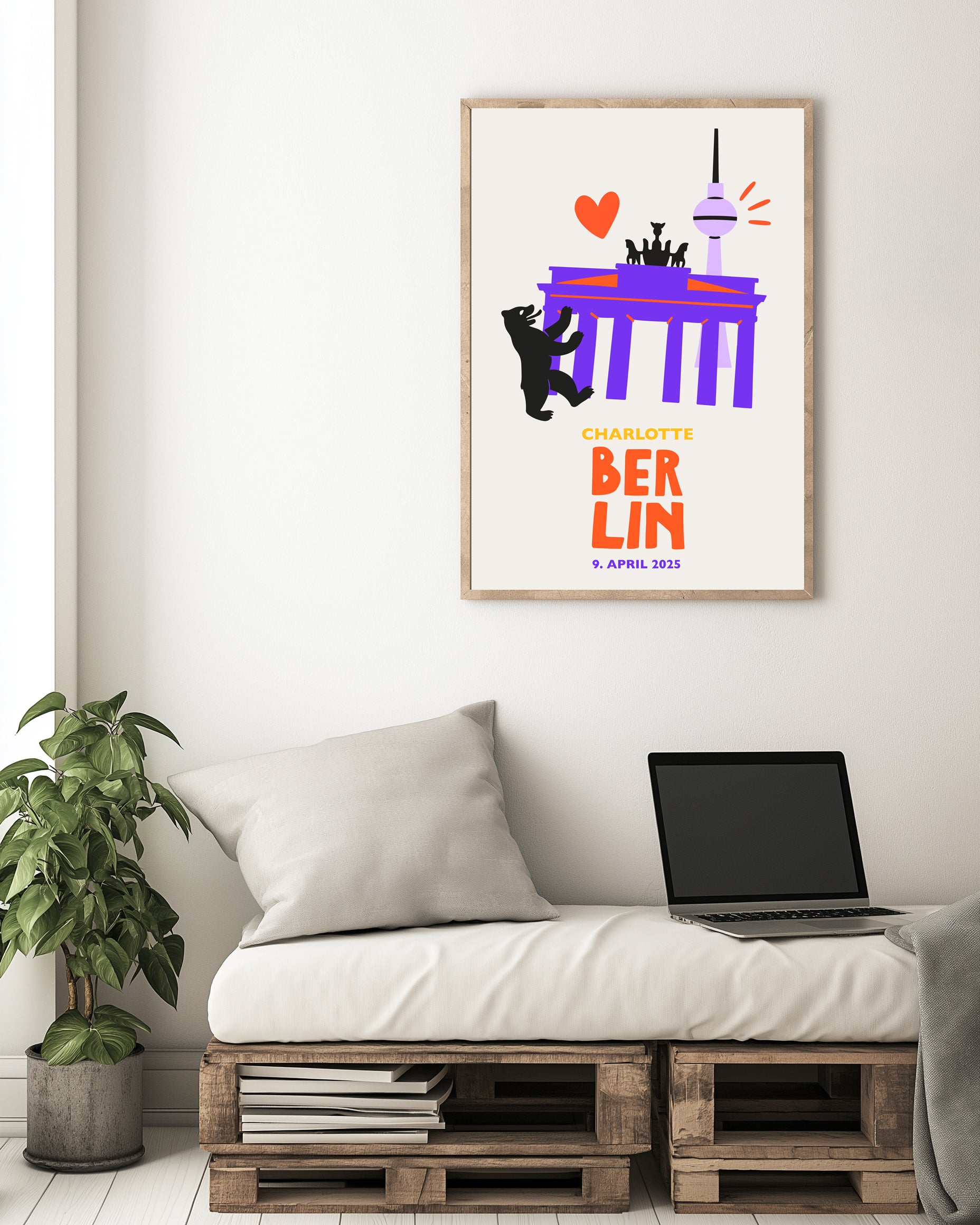 Minimalistische personalisierte Berlin Skyline Wandkunst in Lila und Orange.