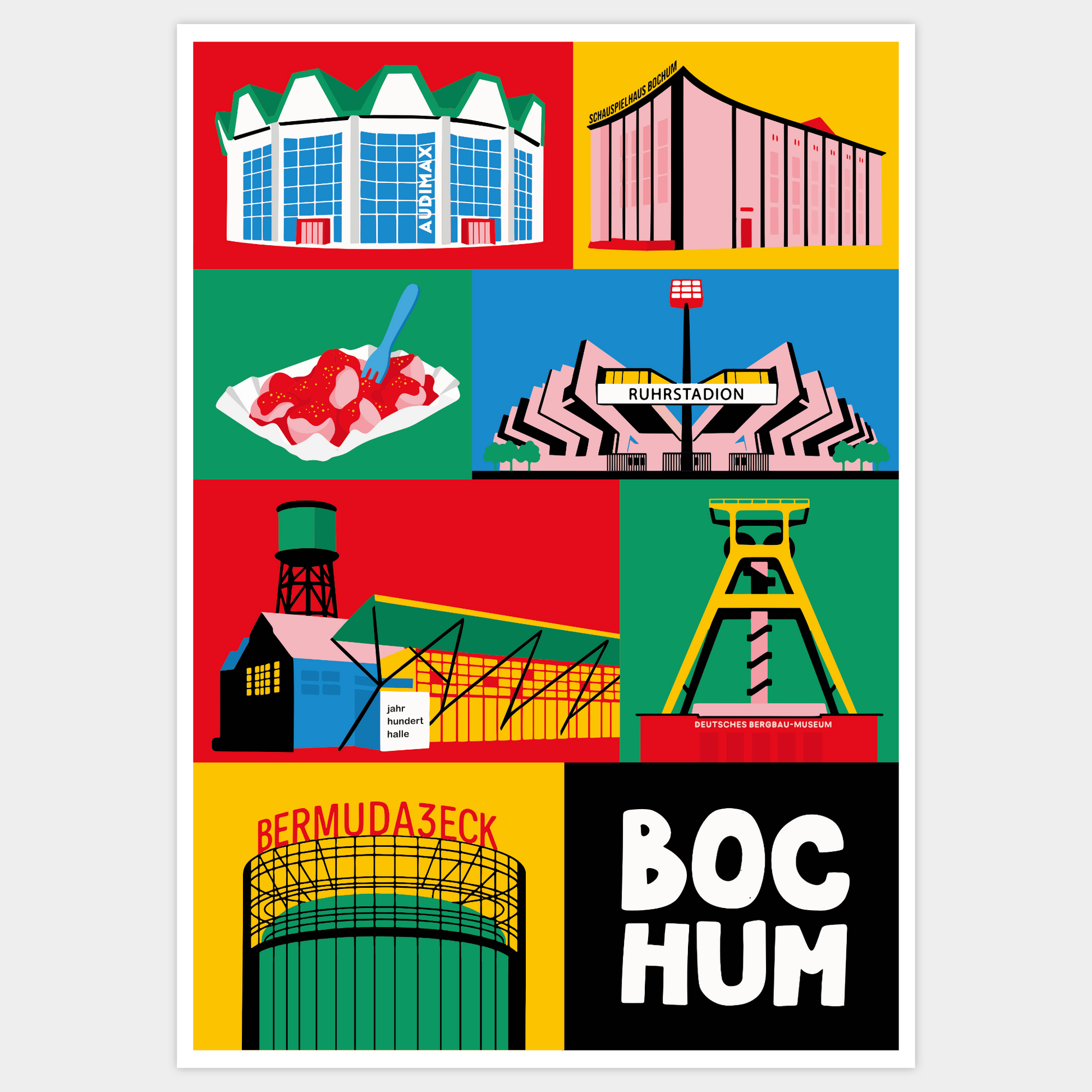 Poster Bochum Illustration im Modern-Retro-Stil mit Bergbaumuseum und Jahrhunderthalle.