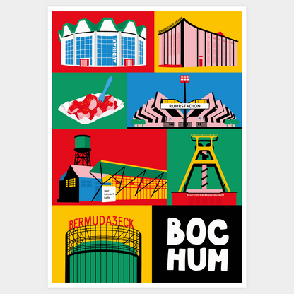 Poster Bochum Illustration im Modern-Retro-Stil mit Bergbaumuseum und Jahrhunderthalle.