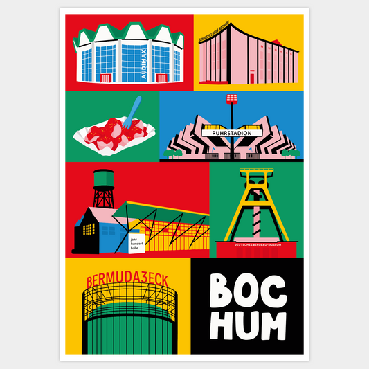Poster Bochum Illustration im Modern-Retro-Stil mit Bergbaumuseum und Jahrhunderthalle.