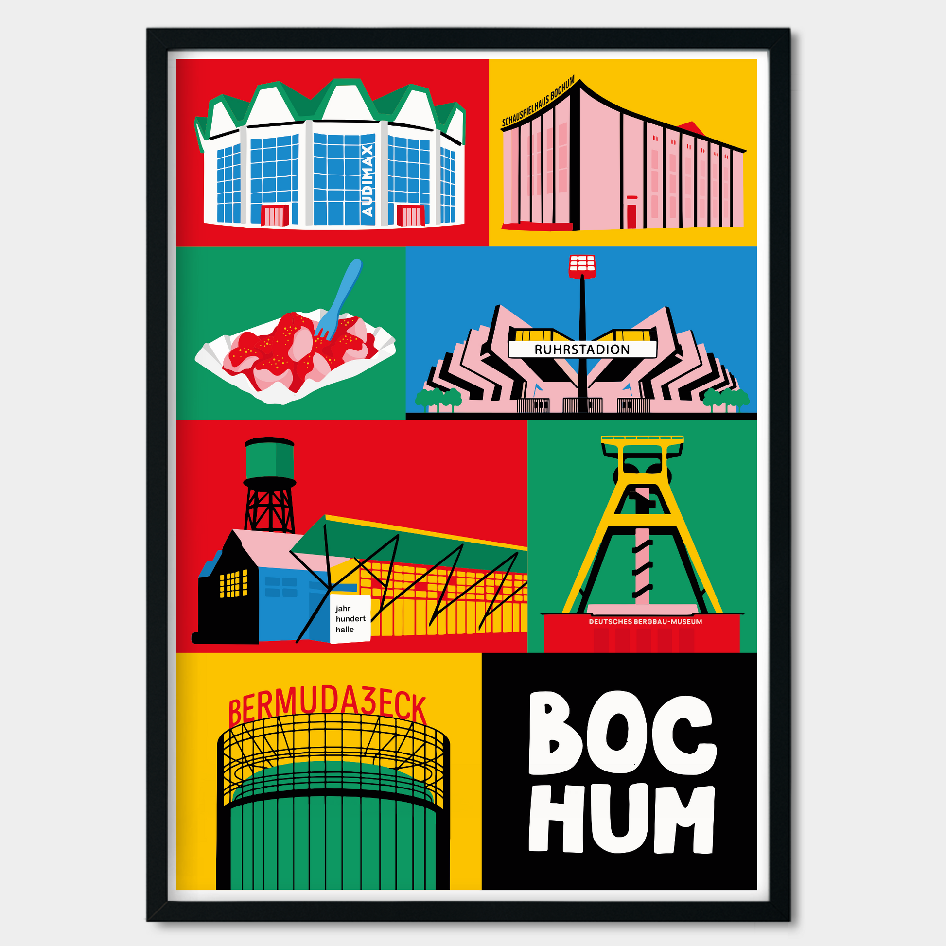 Kunstdruck Bochum mit Illustration der legendären Currywurst und dem Bermuda3eck.