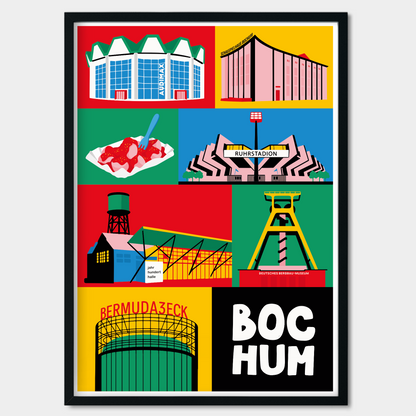 Kunstdruck Bochum mit Illustration der legendären Currywurst und dem Bermuda3eck.