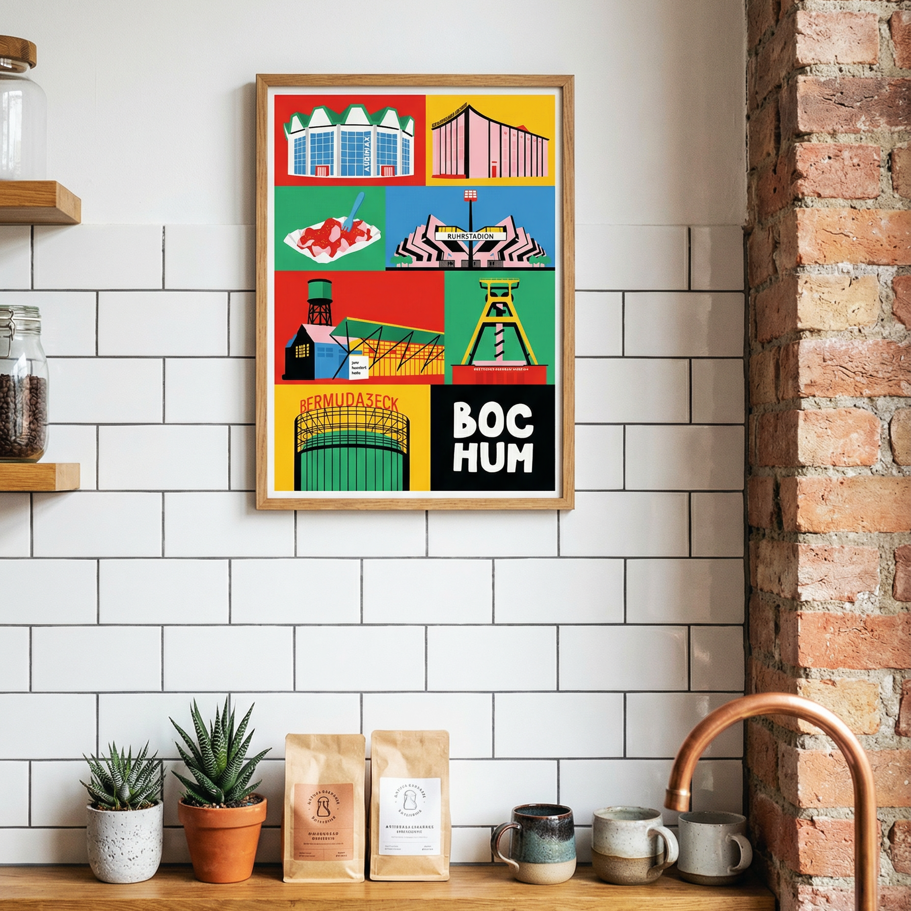 Stadtkind Souvenir Poster Bochum in der Größe A3 an einer hellen modernen Küche.