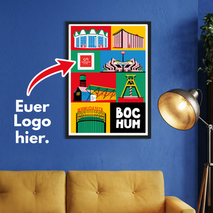 Grafisches Pop-Art Poster Bochum mit Audimax und Firmenlogo.