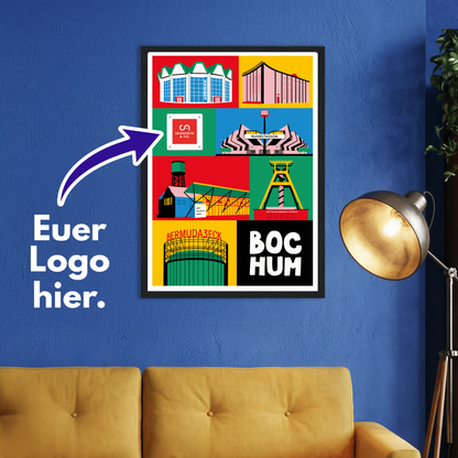 Grafisches Pop-Art Poster Bochum mit Audimax und Firmenlogo.