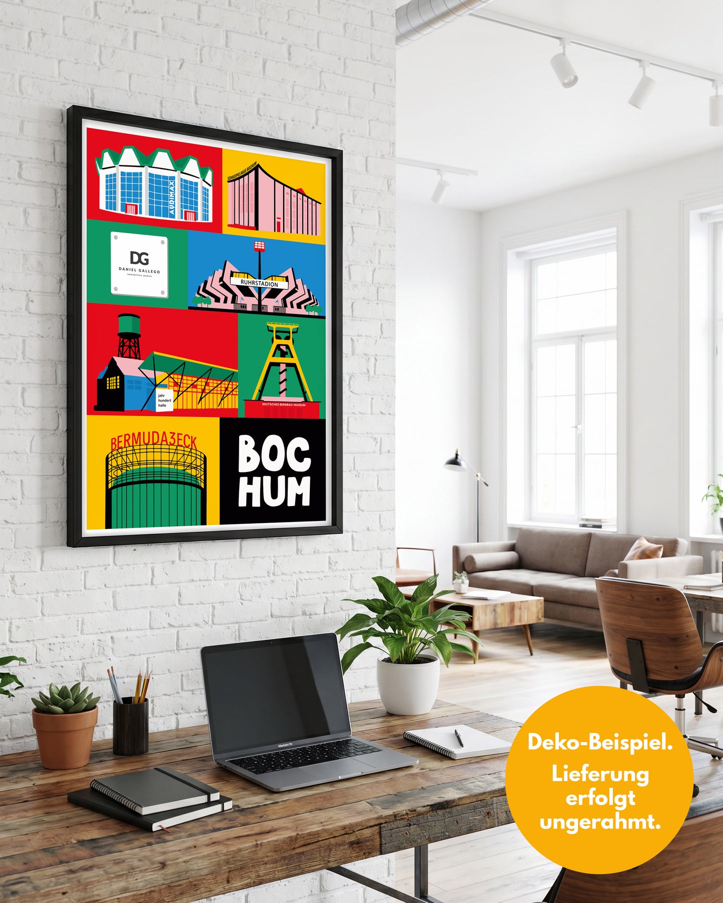 Personalisiertes Bochum Poster mit eigenem Firmenlogo als Wandkunst im hellen Office über einem Schreibtisch mit Laptop.