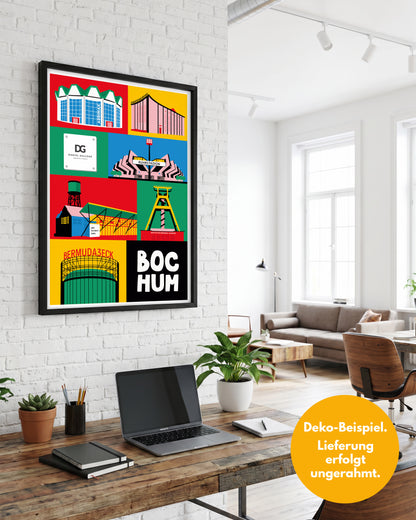 Personalisiertes Bochum Poster mit eigenem Firmenlogo als Wandkunst im hellen Office über einem Schreibtisch mit Laptop.