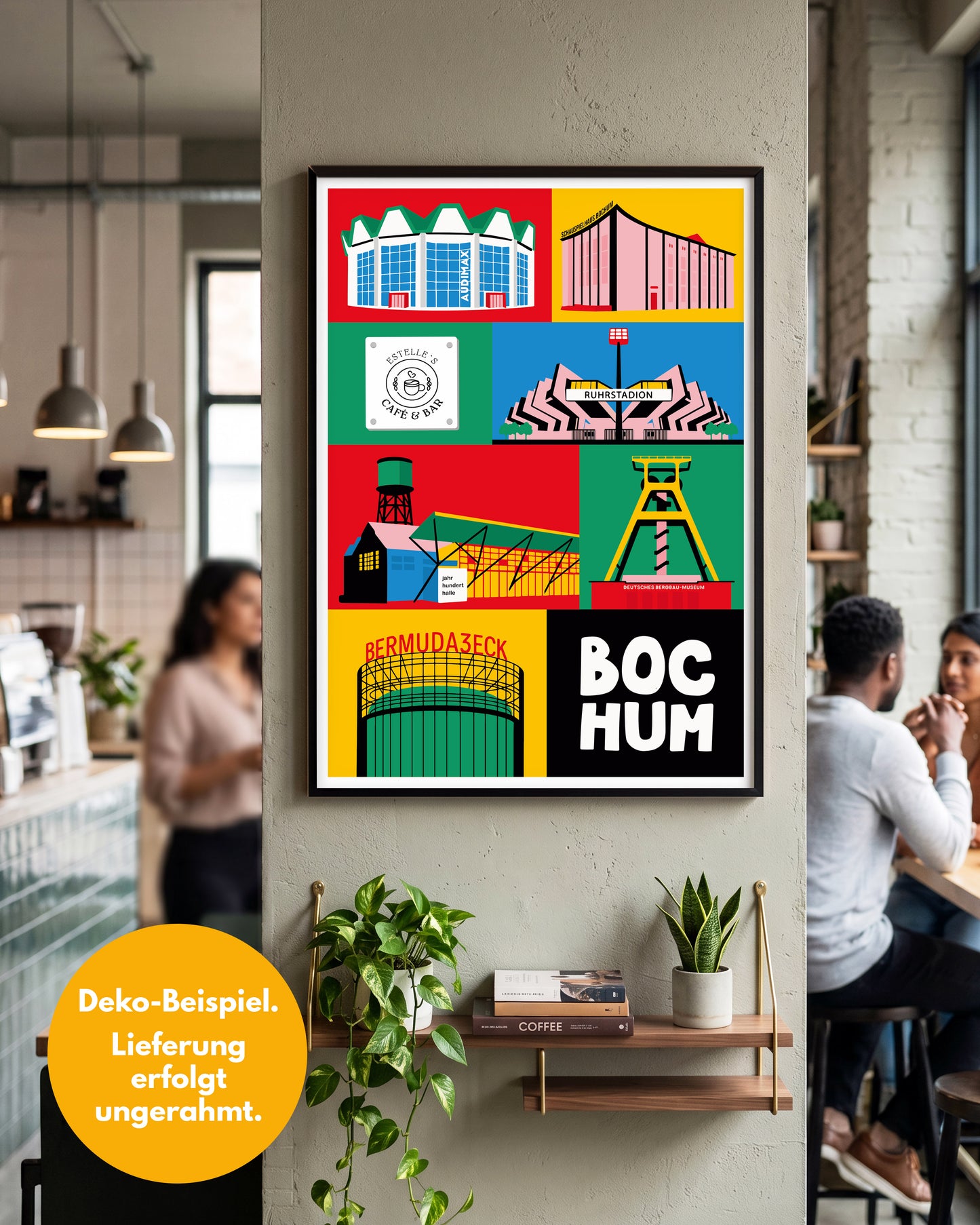 Bochum Plakat Design mit individuellem Gastronomie-Logo an einer Säule in einem stilvollen Café.