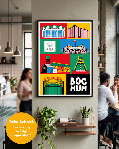 Bochum Plakat Design mit individuellem Gastronomie-Logo an einer Säule in einem stilvollen Café.