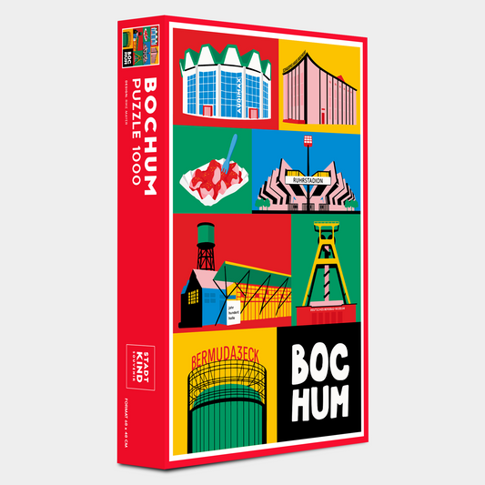 Bochum Puzzle 1000 Teile Verpackung mit bunten Stadt-Ikonen im Modern-Retro-Stil.