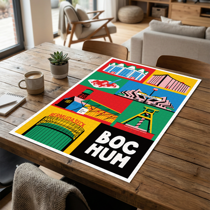 Illustriertes Puzzle Motiv Bochum mit Bergbaumuseum und Jahrhunderthalle.