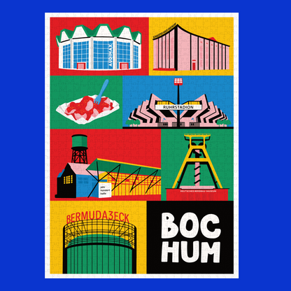 Illustration des Bochumer Schauspielhauses und Uni Audi Max auf Puzzle.