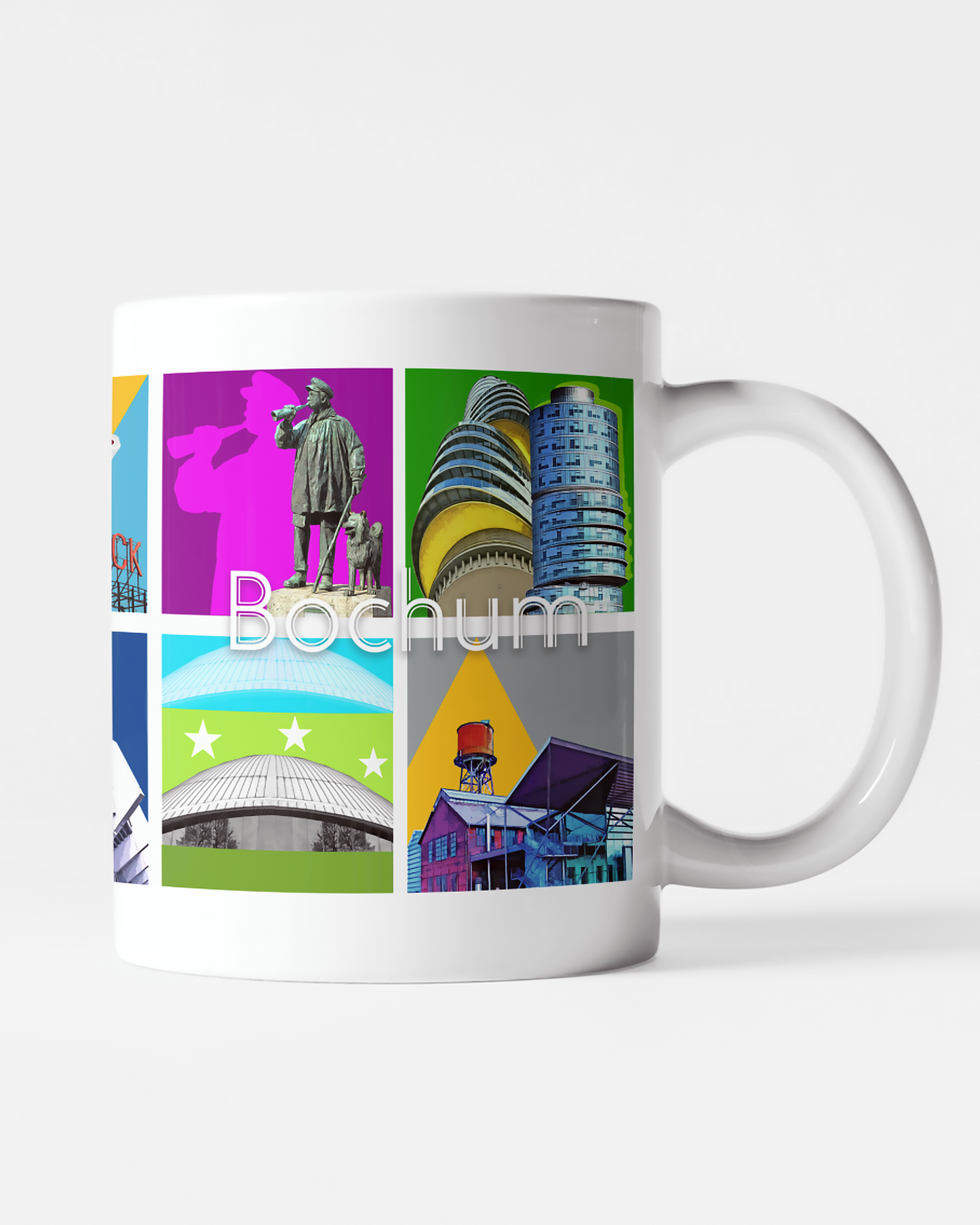 Weiße Keramiktasse mit farbenfrohem Bochum-Motiv, gestaltet von Bernd Röttgers.
