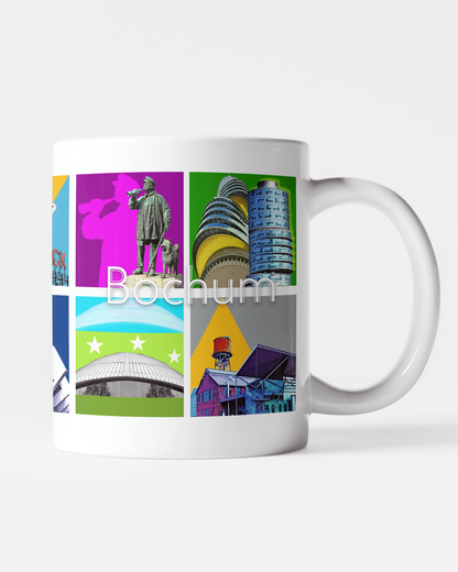 Weiße Keramiktasse mit farbenfrohem Bochum-Motiv, gestaltet von Bernd Röttgers.