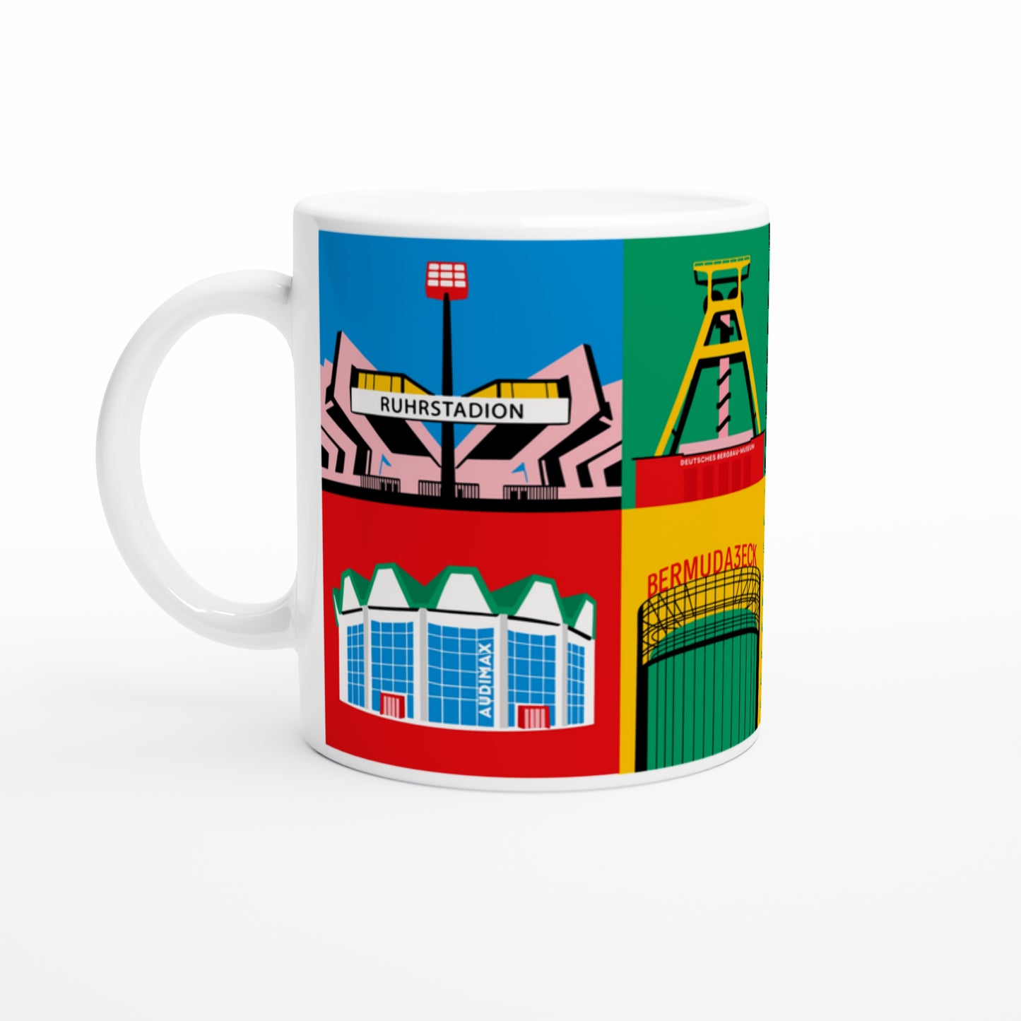 Bochum Tasse Stadtkind Souvenir mit Ruhrstadion und Audi Max Illustration