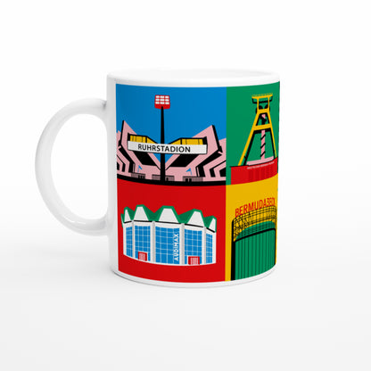 Bochum Tasse Stadtkind Souvenir mit Ruhrstadion und Audi Max Illustration