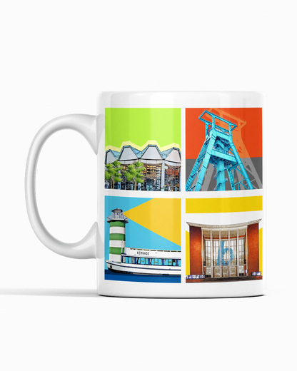 Bochum-Tasse mit künstlerischer Collage aus Wahrzeichen der Stadt, beidseitig bedruckt.