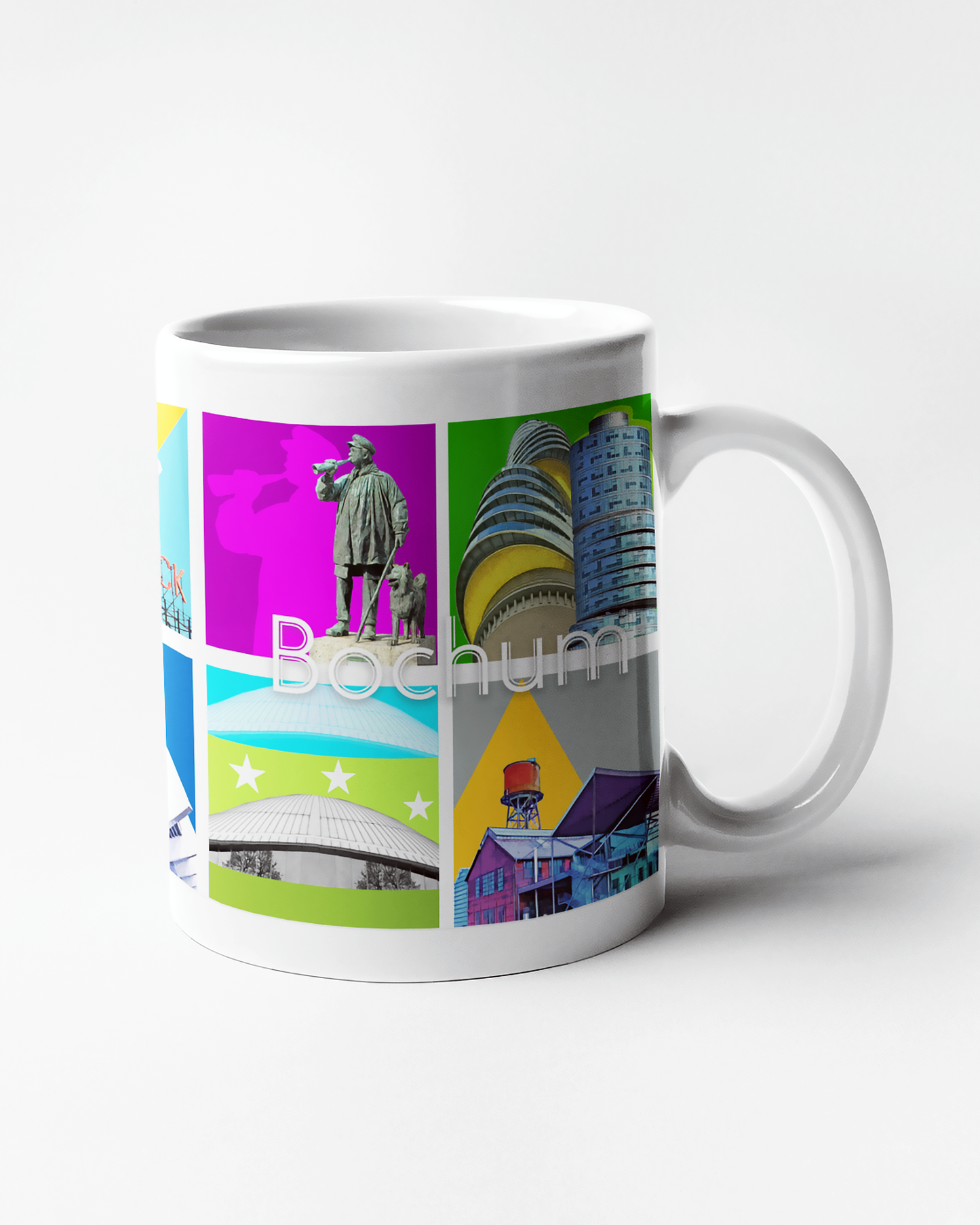 Hochwertige Kaffeetasse mit farbiger Illustration von Bochumer Sehenswürdigkeiten.