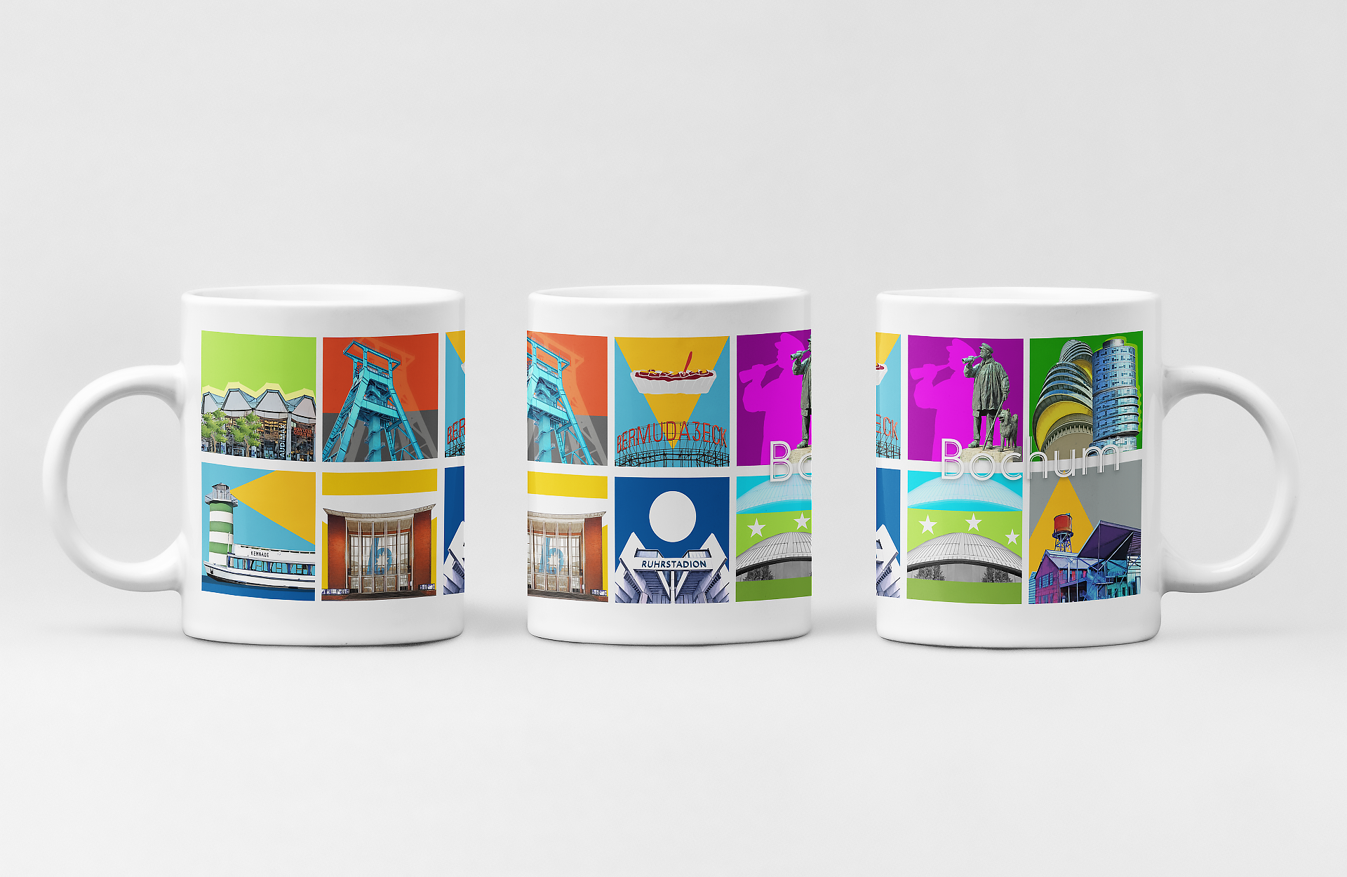 Detailreiche Keramiktasse mit Bochum-Motiven, ideal als Geschenk oder Souvenir.