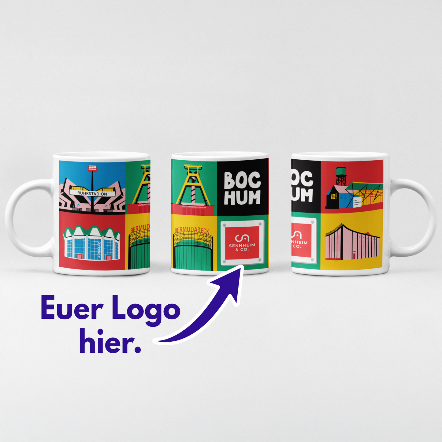 Personalisierte Bochum Tasse mit Firmenlogo und Ruhrstadion Illustration