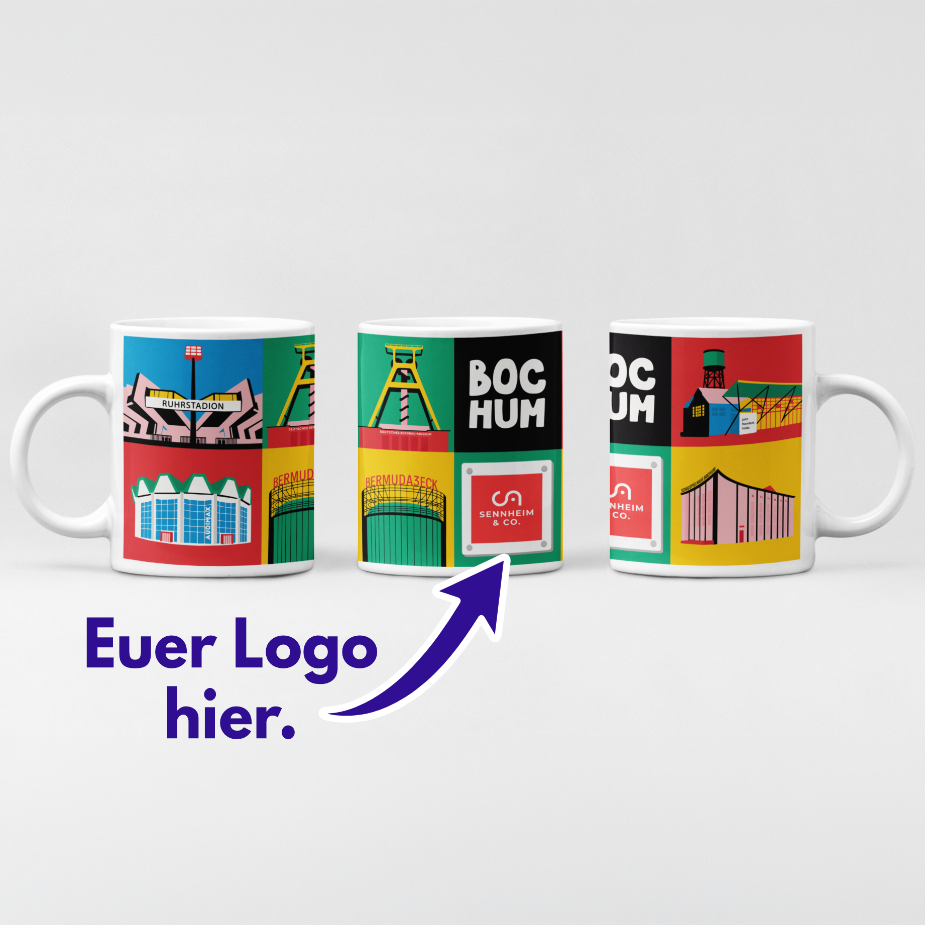Personalisierte Bochum Tasse mit Firmenlogo und Ruhrstadion Illustration