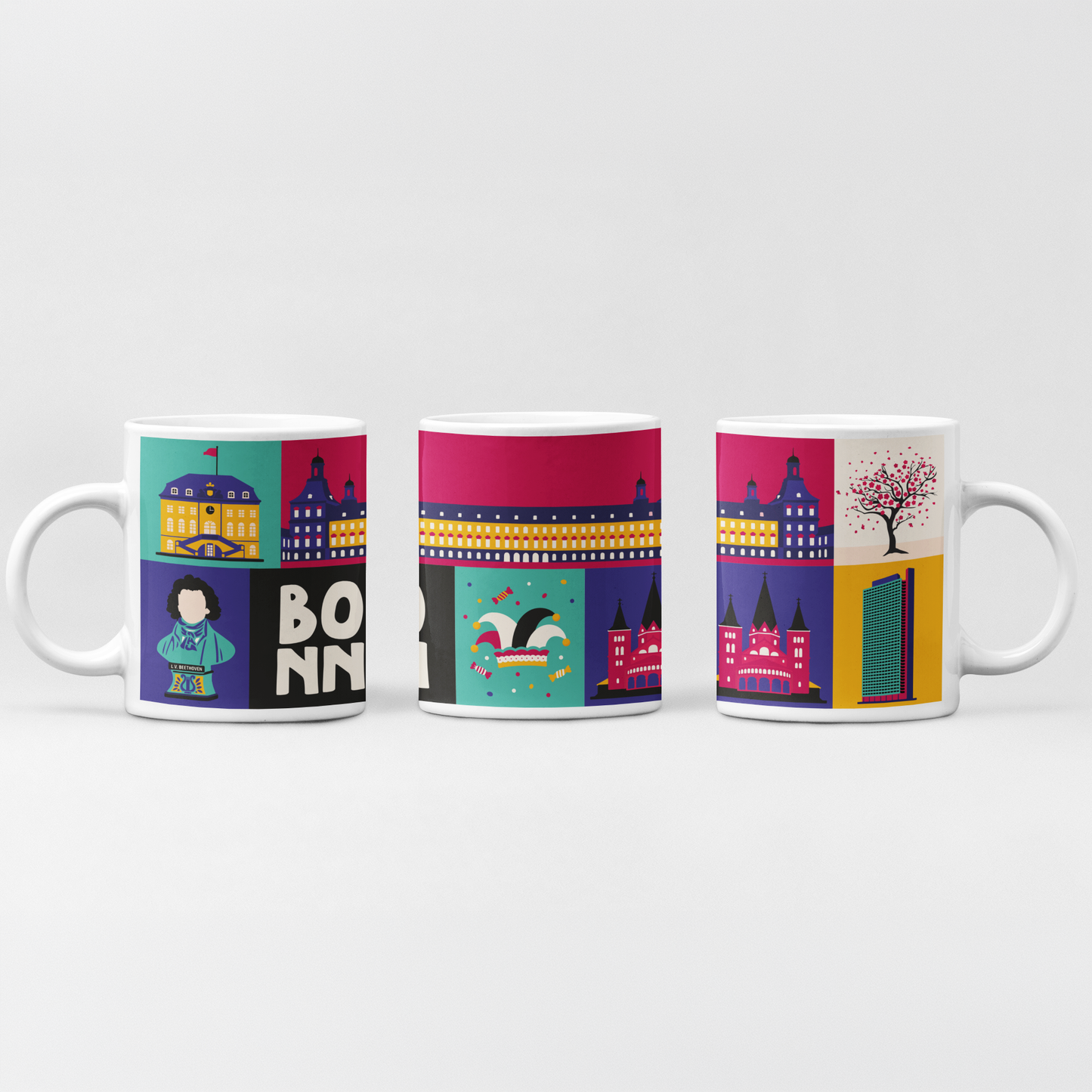 Stadtkind Souvenir Tasse Bonn Illustration mit Beethoven und Uni Bonn Design.