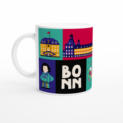 Moderner Kaffeebecher Bonn im Retro-Stil mit Motiven der Bonner Kirschblüte.