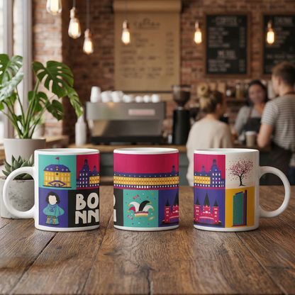Stadtkind Souvenir Tasse Bonn in einer minimalistischen Interieur-Umgebung.