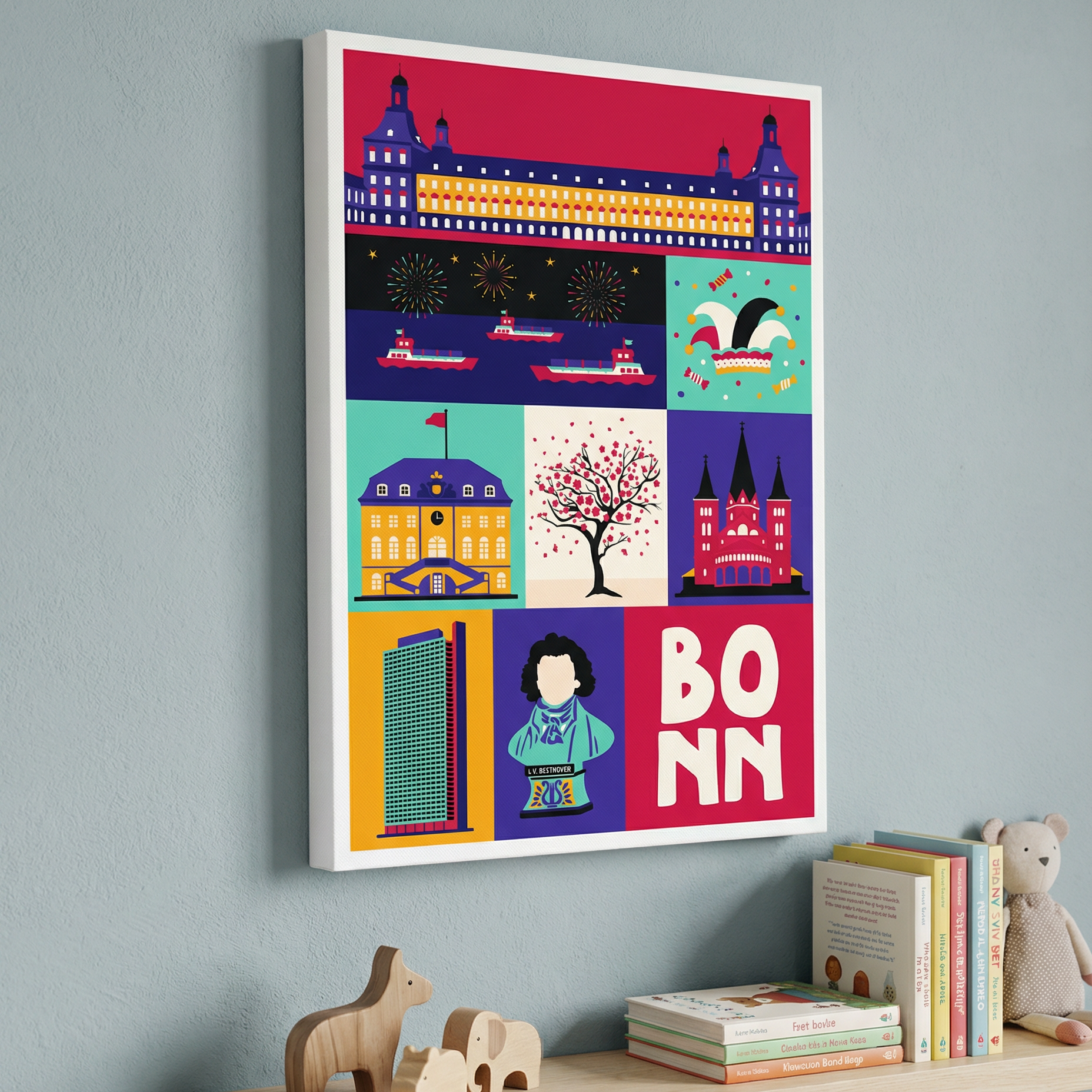 Detailaufnahme Leinwand Stadtkind Souvenir Bonn Design für‘s Kinderzimmer.