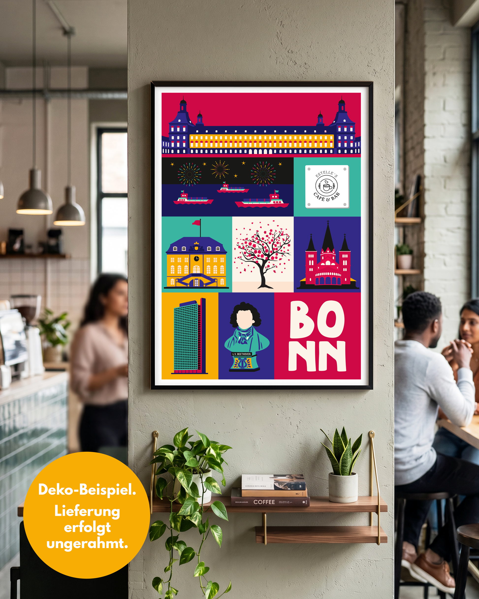Gerahmtes Bonn Poster im Pop-Art Design mit Café Logo an einer Säule in Bonner Gastronomie.