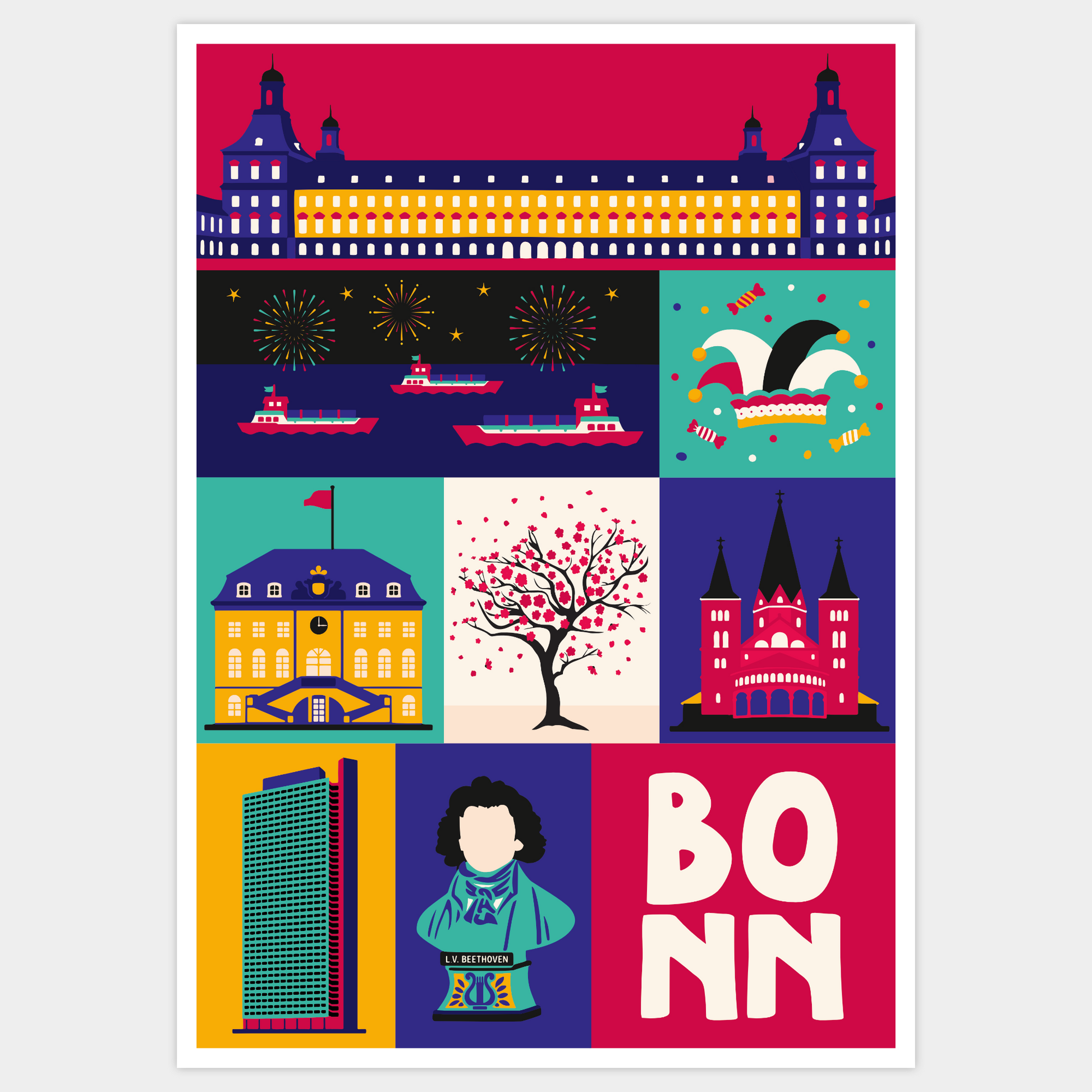 Stadtkind Souvenir Bonn Poster Illustration im Modern Retro Stil Gesamtansicht.
