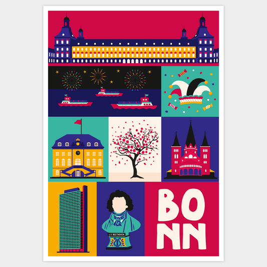Stadtkind Souvenir Bonn Poster Illustration im Modern Retro Stil Gesamtansicht.