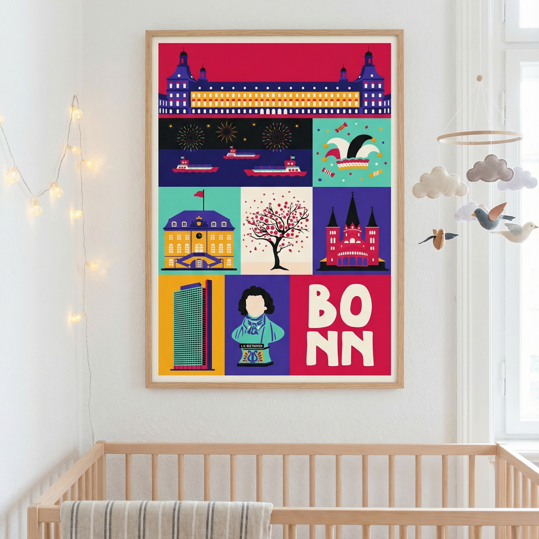 Bonn Poster fürs Kinderzimmer mit kräftigen Farben geometrische Formen Wandkunst.