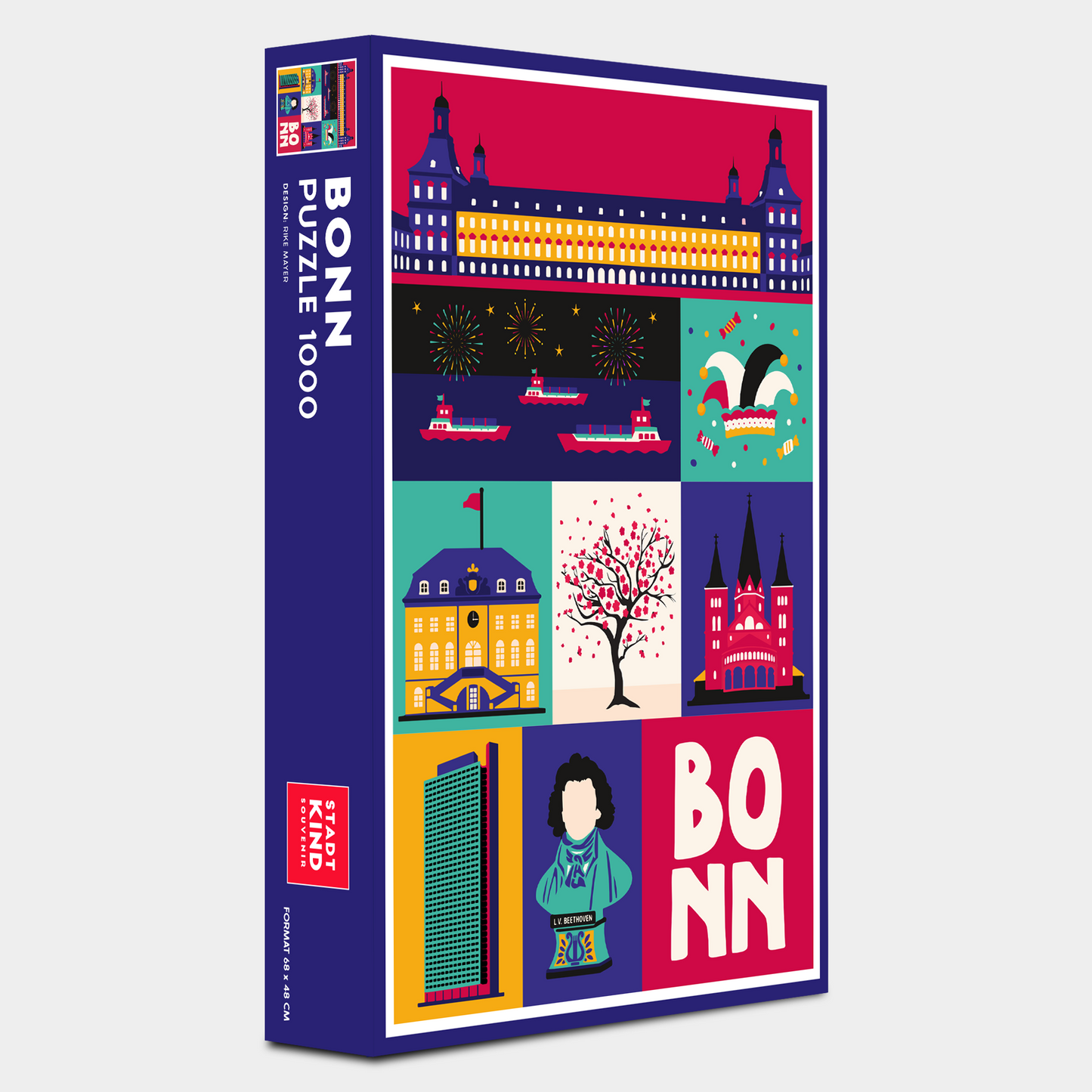 Stadtkind Souvenir Bonn Puzzle (1000 Teile) in der Verpackung, Modern-Retro-Illustration von Bonner Wahrzeichen.