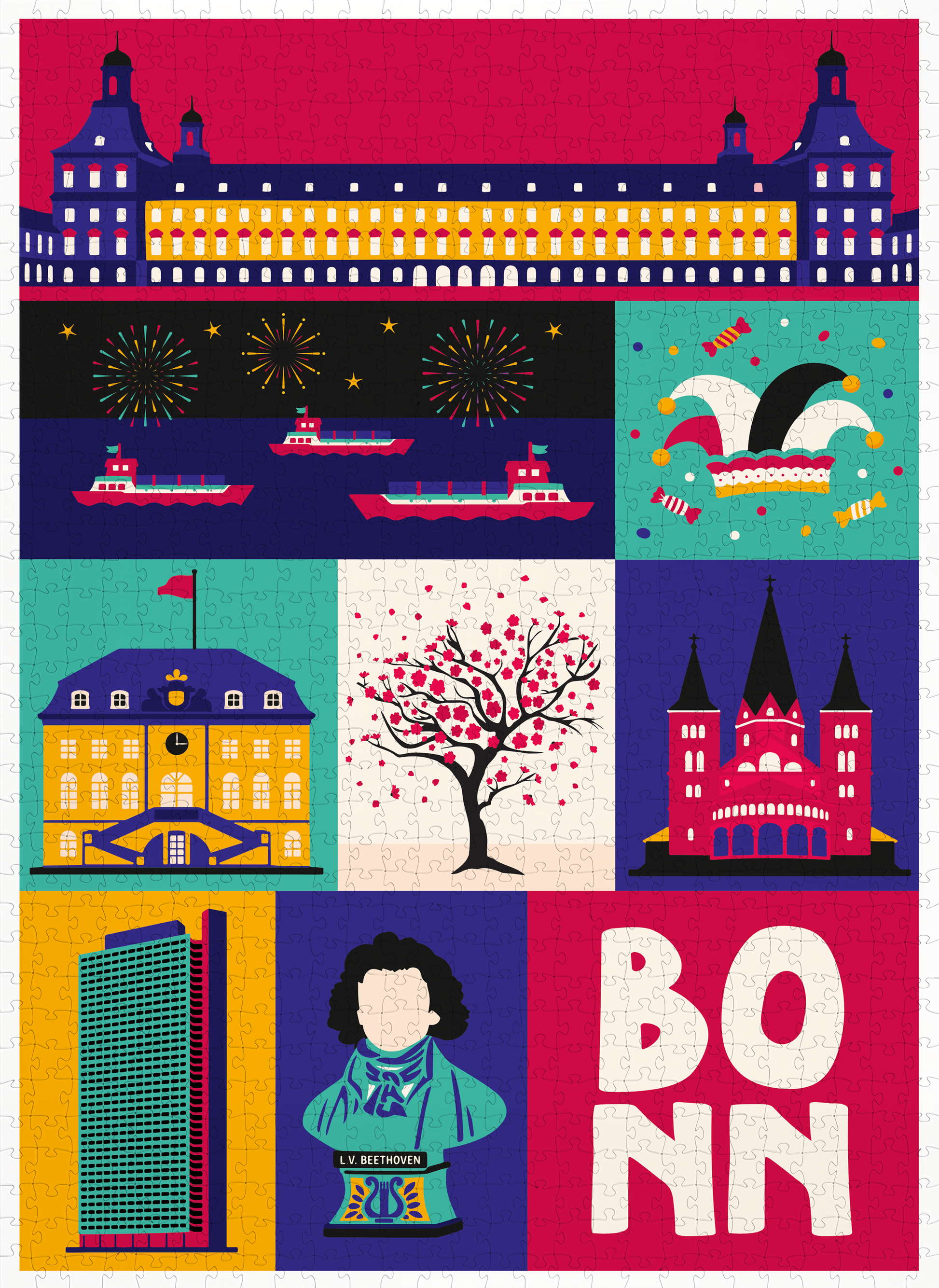 Bonn Puzzle mit Beethoven-Büste und Schriftzug Bonn, Bonner Münster und Kirschblütenbaum.