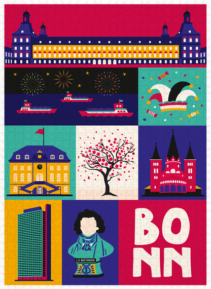Bonn Puzzle mit Beethoven-Büste und Schriftzug Bonn, Bonner Münster und Kirschblütenbaum.