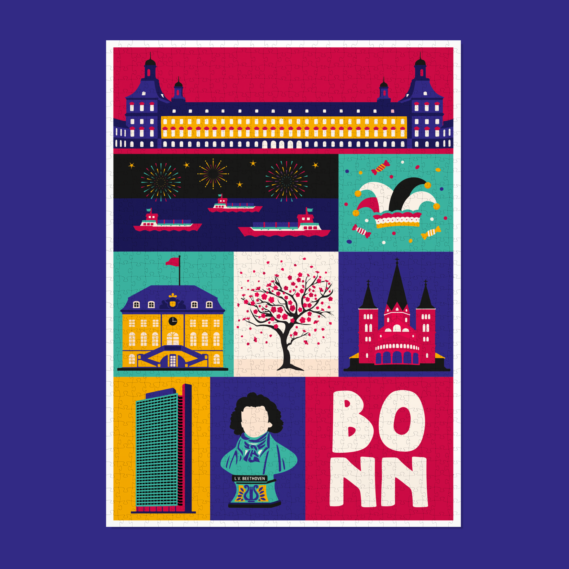 Bonn Puzzle mit Illustration von Wahrzeichen mit 1000 Teilen.