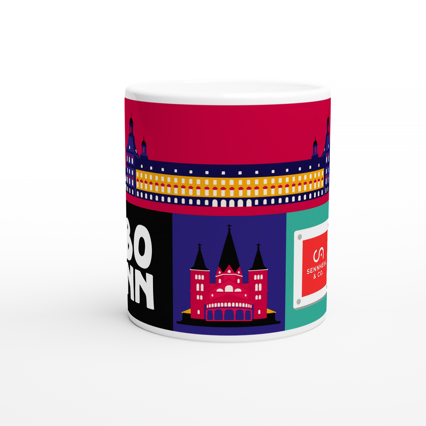 Frontansicht der gebrandeten Bonn Kaffeetasse mit Bonner Münster und der integrierten Kachel für das eigene Unternehmenslogo.