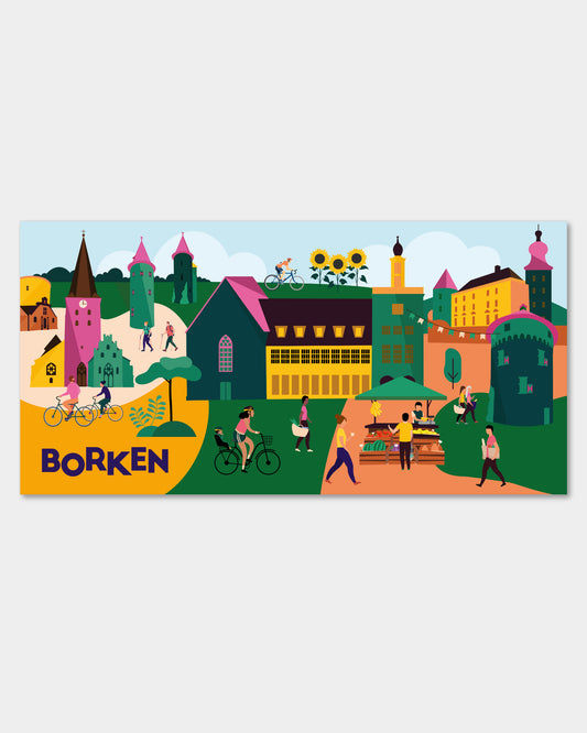 Moderne Illustration der Stadt Borken mit bekannten Wahrzeichen als Leinwandbild