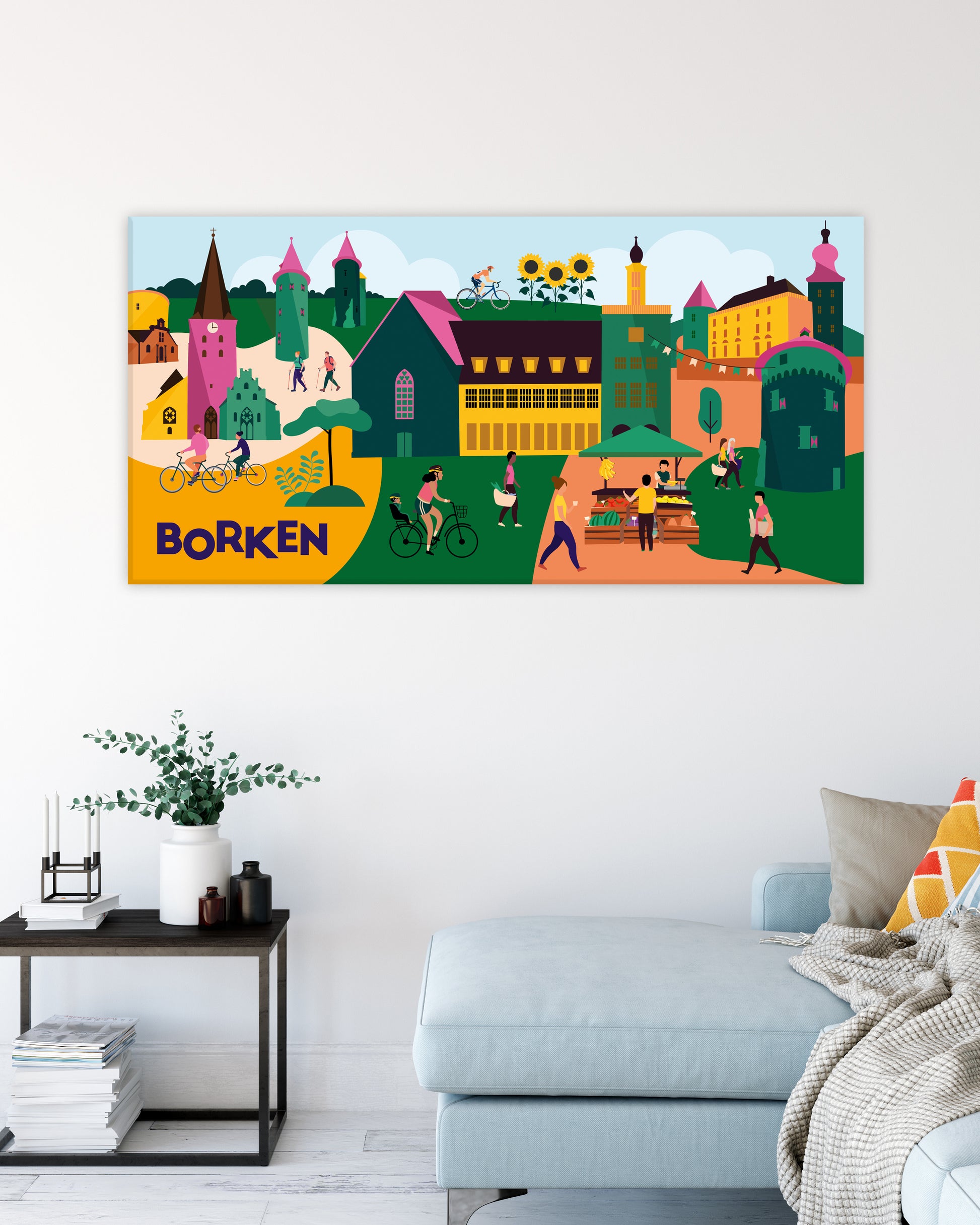 Farbenfrohes Wandbild mit Borkener Sehenswürdigkeiten wie Schloss Gemen und Diebesturm