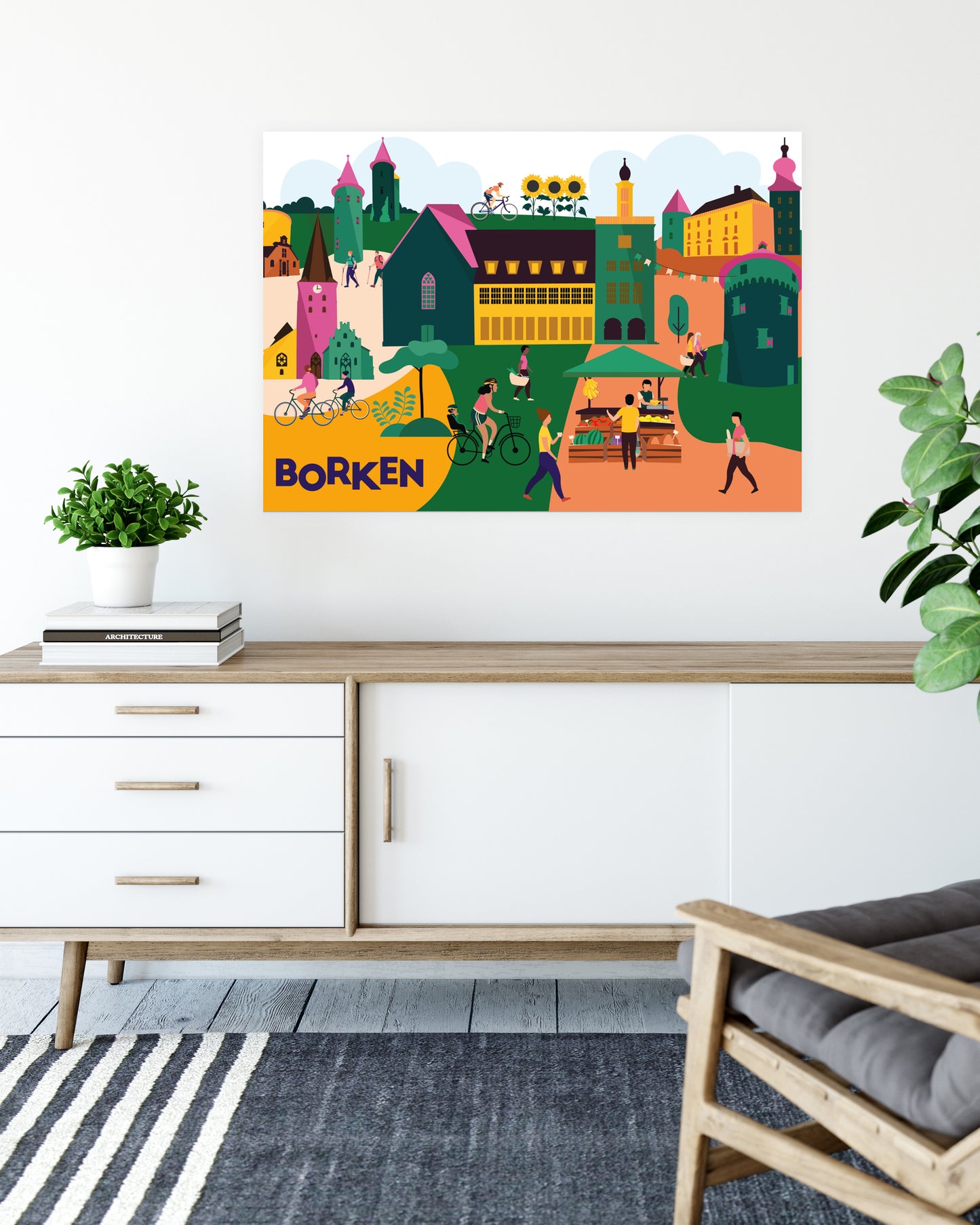 Stadtposter mit Wahrzeichen aus Borken, darunter Holkensturm, FARB und Wochenmarkt.