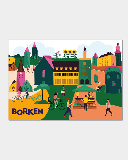 Stadtposter Borken als Illustration mit allen Wahrzeichen. Münsterland Geschenkidee.