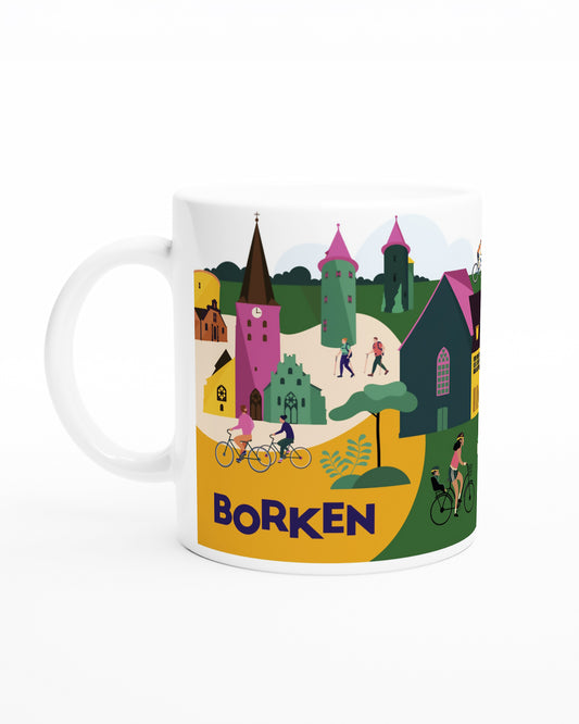 Keramiktasse mit liebevoller Borken-Illustration und regionalen Wahrzeichen