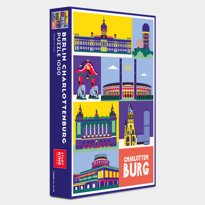 Berlin Charlottenburg Puzzle Box in Seitenansicht mit plakativen Pop-Art Illustrationen.