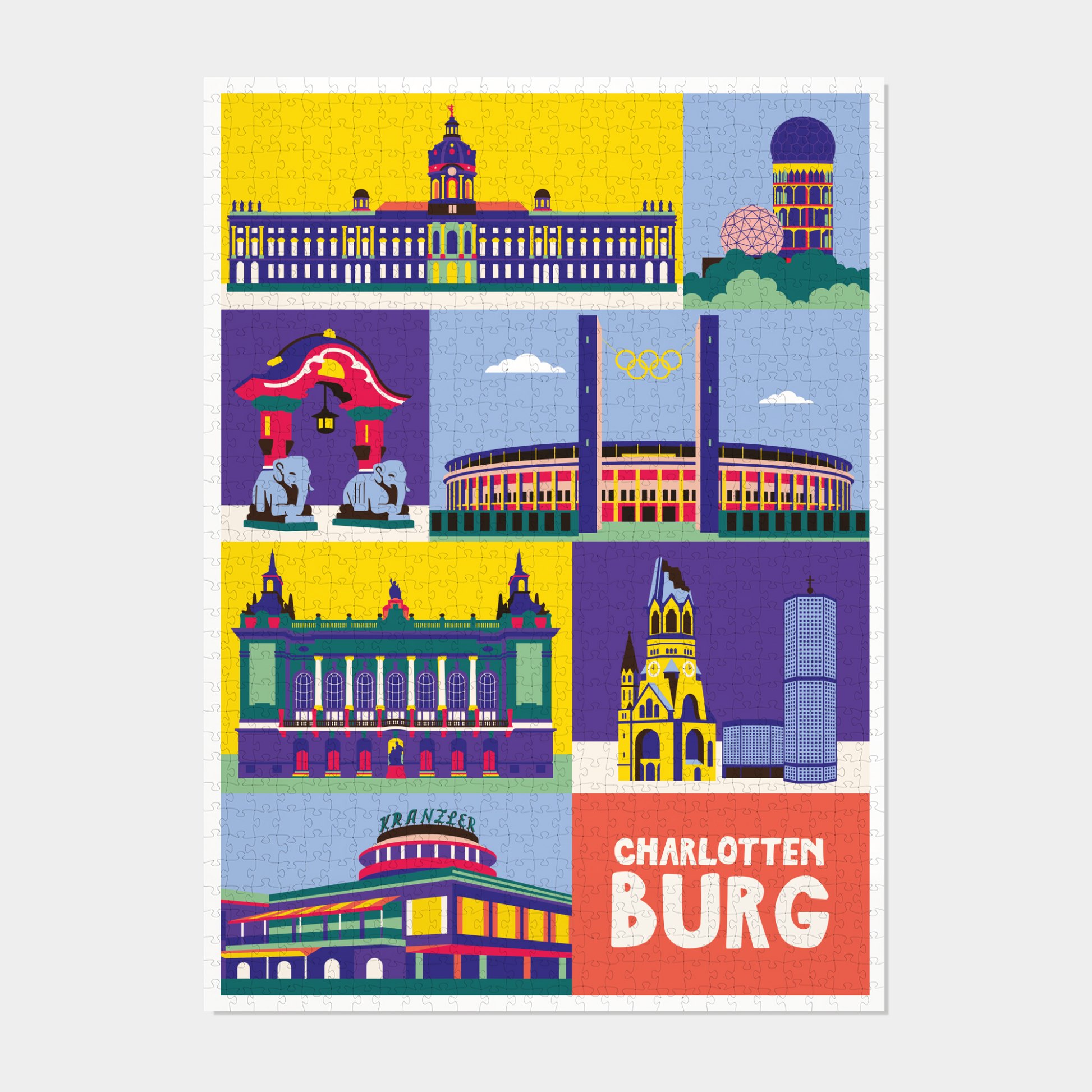 Vollständiges 1000 Teile Puzzle mit Berlin Charlottenburg Wahrzeichen in bunten Retro Farben.